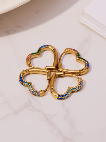 Colorful Cubic Zirconia Heart Hoop Earrings Set | Stainless Steel Simple Chic Ear Cuff for Women