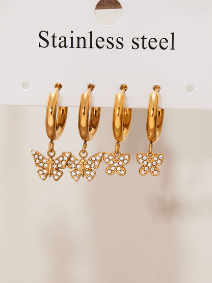 Butterfly Zircon Stackable Earrings Set – Stainless Steel Layered Hoop & Stud Combination | WANTI Jewelry