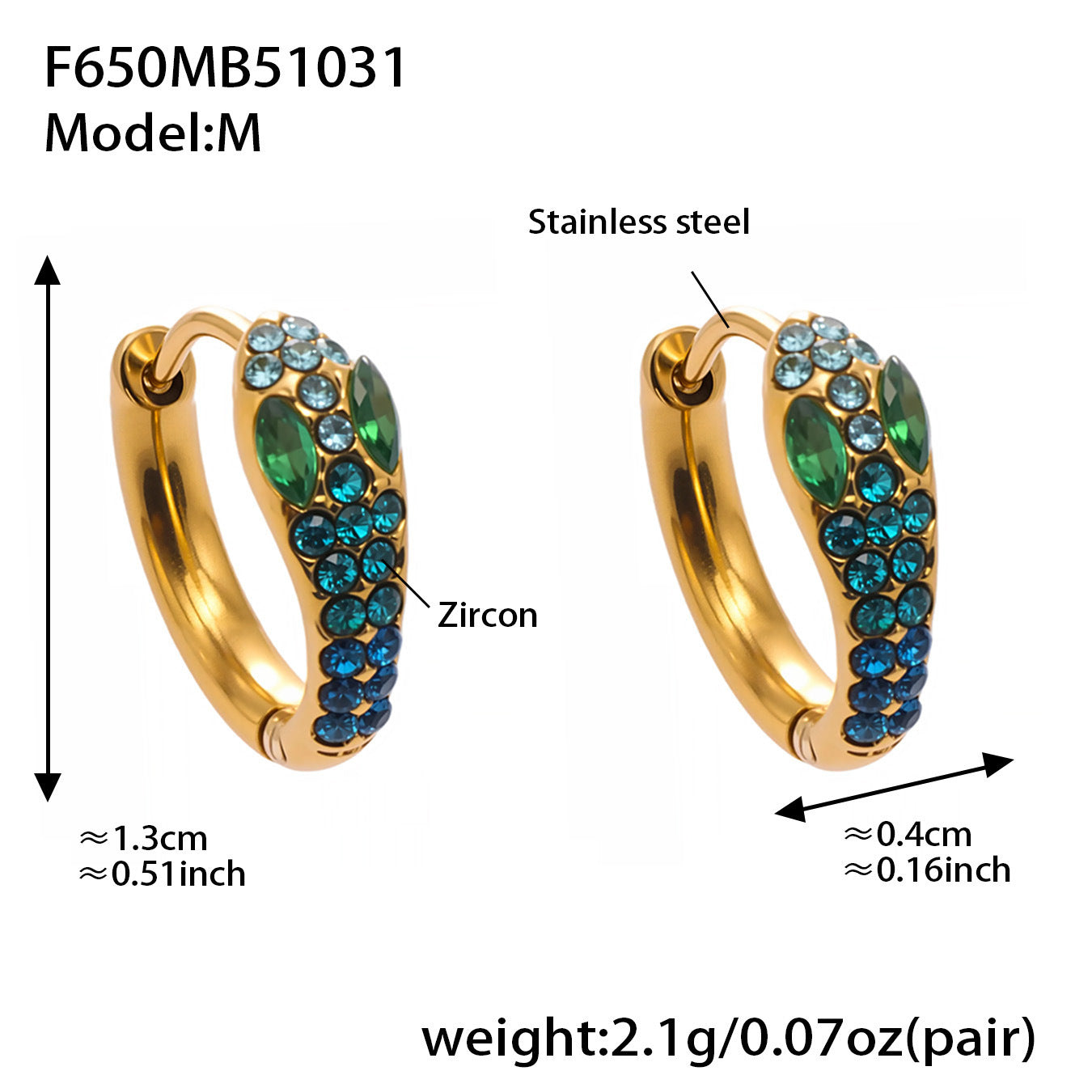 Colorful Zircon Snake Hoop Earrings | Stainless Steel Serpent Earrings Set – WANTI Jewelry