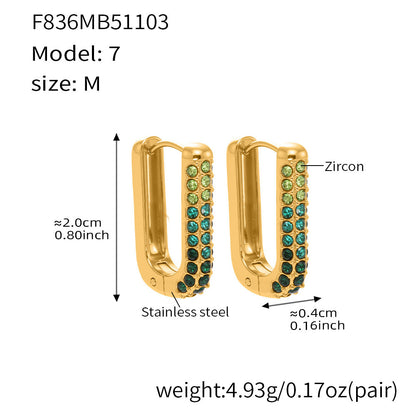 Stainless Steel Long U-Shaped Hoop Earrings with 5A Zircon – Elegant Colorful Statement Fashion Jewelry