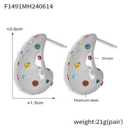 Elegant Teardrop Zircon Earrings – Stainless Steel Enamel, Pearl & Rhinestone Collection | Hypoallergenic Fashion Jewelry