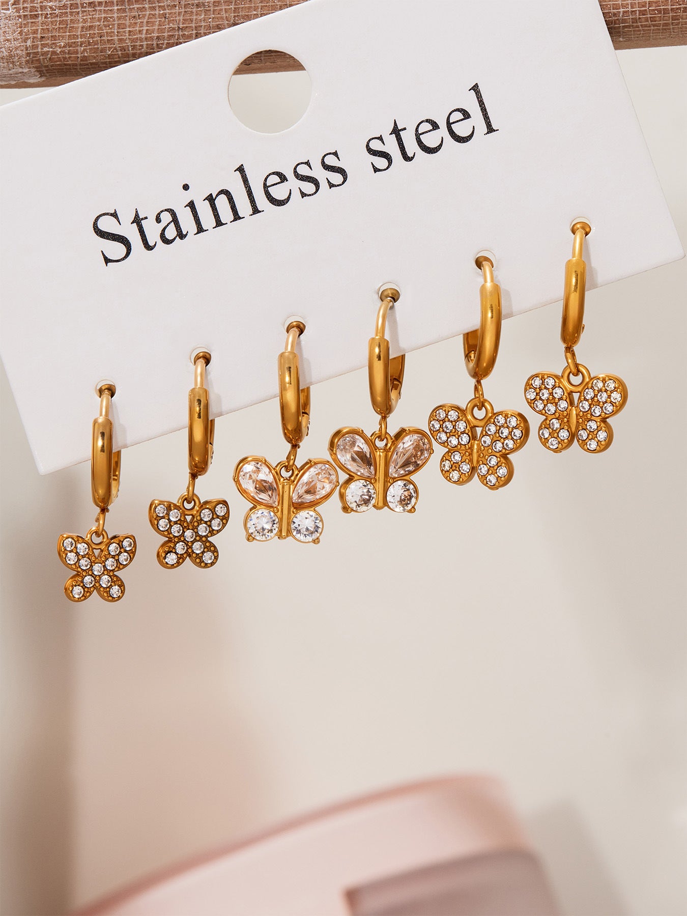 Butterfly Zircon Stackable Earrings Set – Stainless Steel Layered Hoop & Stud Combination | WANTI Jewelry