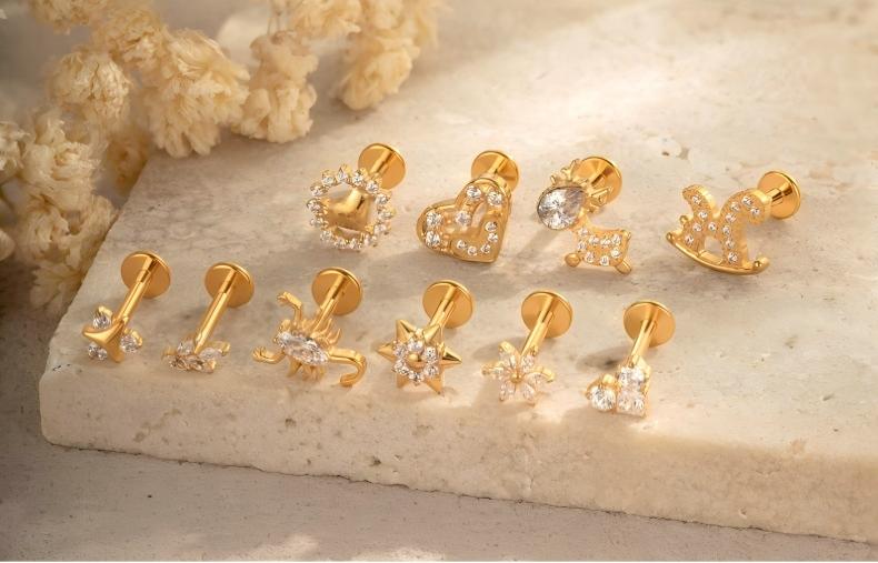G23/F136 Titanium CZ Heart Flower Carousel Internal Thread Lip & Cartilage Stud | 10 Styles