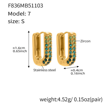 Stainless Steel Long U-Shaped Hoop Earrings with 5A Zircon – Elegant Colorful Statement Fashion Jewelry