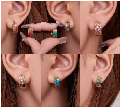 Stainless Steel Colorful Zircon Round Hoop Earrings Set – Modern Minimalist Retro Luxury Hoops