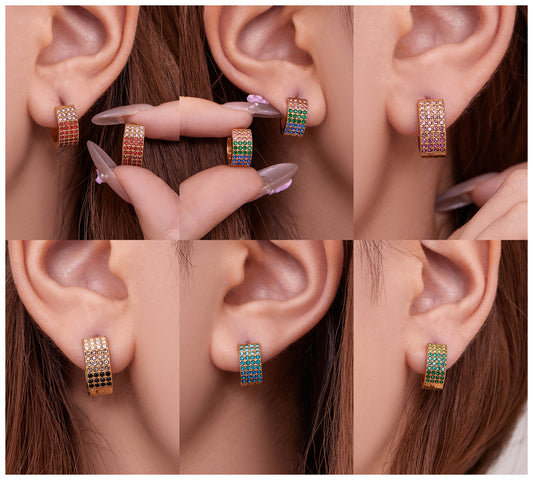 Stainless Steel Colorful Zircon Round Hoop Earrings Set – Modern Minimalist Retro Luxury Hoops