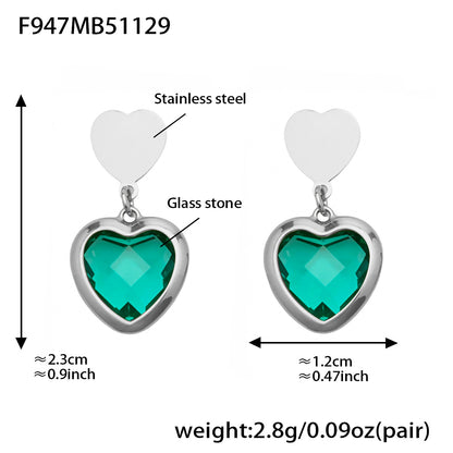 Sparkling Heart Glass Necklace & Earrings Set – Colorful Long Pendant Chain · Stainless Steel Hypoallergenic Jewelry