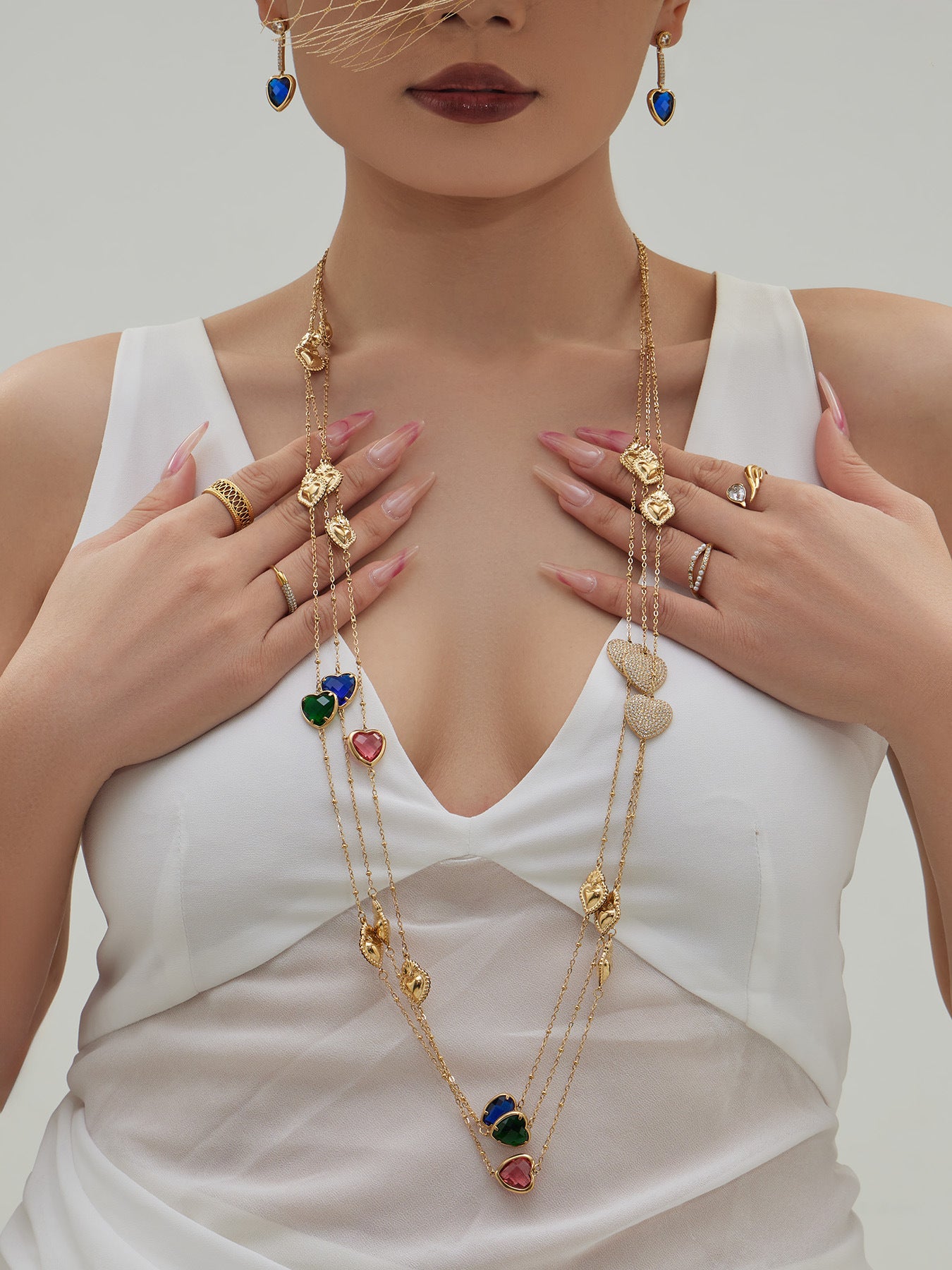 Sparkling Heart Glass Necklace & Earrings Set – Colorful Long Pendant Chain · Stainless Steel Hypoallergenic Jewelry