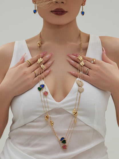 Sparkling Heart Glass Necklace & Earrings Set – Colorful Long Pendant Chain · Stainless Steel Hypoallergenic Jewelry