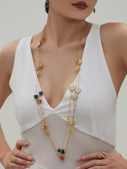 Sparkling Heart Glass Necklace & Earrings Set – Colorful Long Pendant Chain · Stainless Steel Hypoallergenic Jewelry