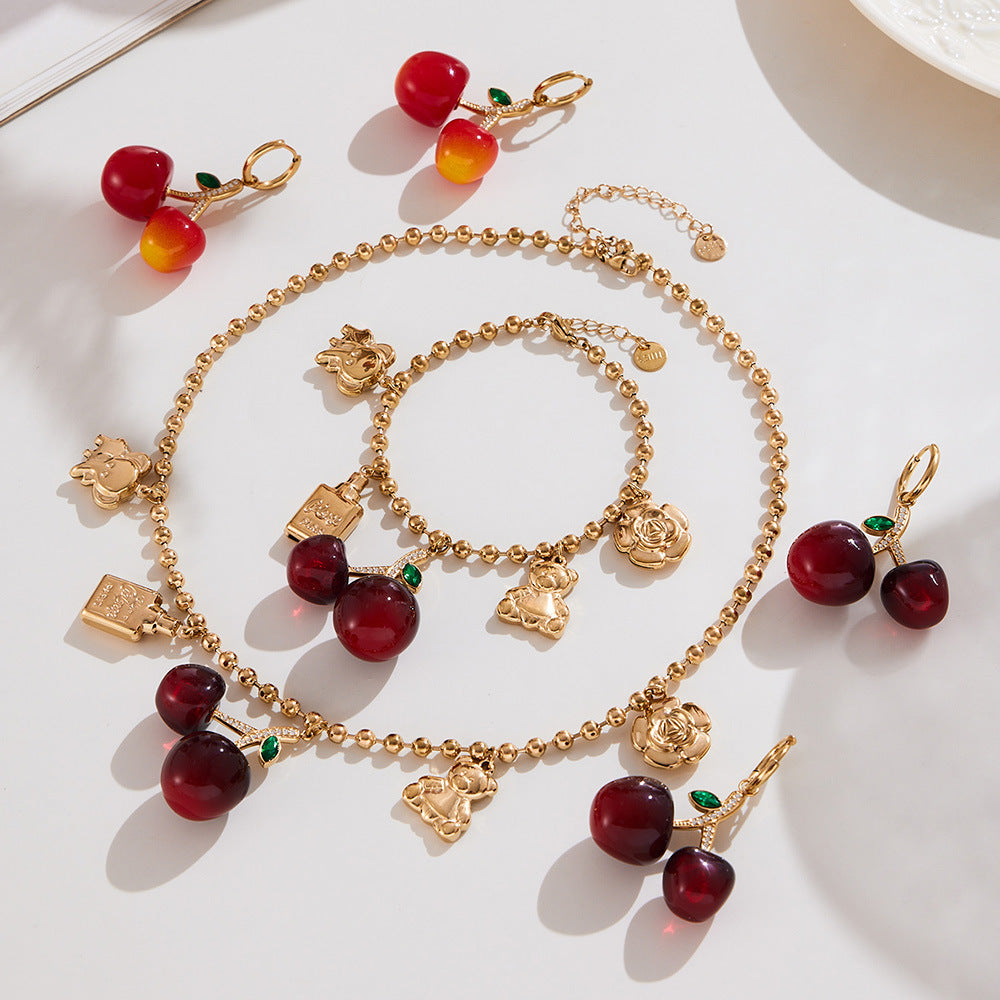 Cherry Zircon Jewelry Set | Gold & Silver Stainless Steel Necklace, Bracelet & Earrings | Trendy Red Resin Cherry Collection by WANTI Jewelry