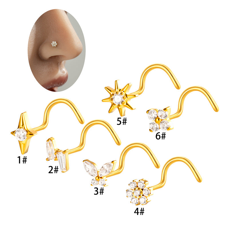 Implant Grade ASTM F136 Titanium Star Lightning Nose Stud S-Bend CZ Nose Stud Nostril Piercing Jewelry Hypoallergenic