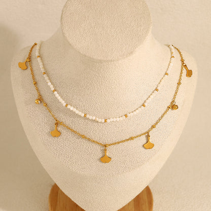 18K Gold Plated Titanium Steel Shell Bead Ginkgo Leaf Crystal Pendant Necklace - Simple Fashion Jewelry