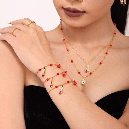 Gold Stainless Steel Christmas Candy Apple Multi-Layer Necklace, Bracelet & Asymmetric Earrings – Holiday Jewelry Gift Set