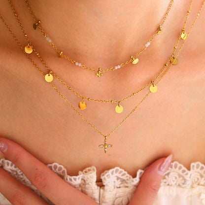18K Gold Plated Titanium Steel Vintage Fan-Shaped, Round Disc, and Four-Leaf Clover Layered Necklaces | Stylish Fashion Jewelry