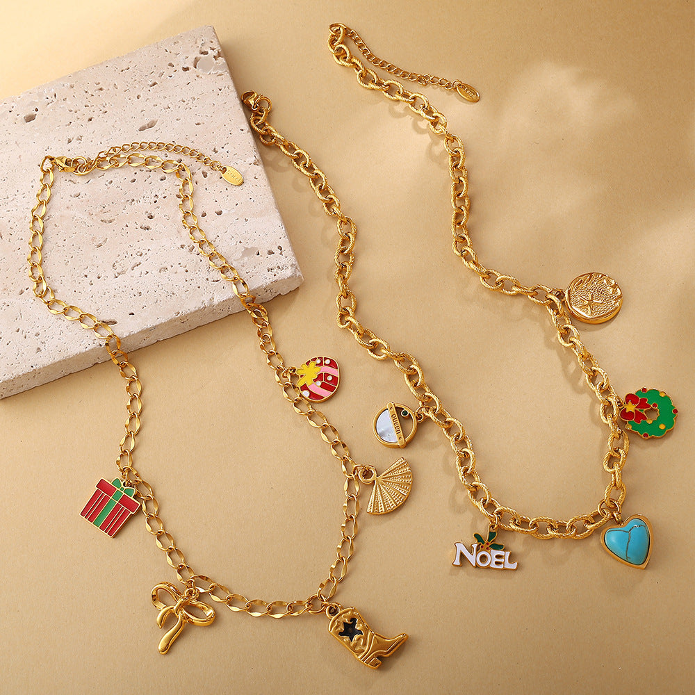 Halloween Christmas Gold Plated Stainless Steel Necklace - Heart Tree Tassel Pendant - Drip Oil Design - Minimalist Fashion Jewelry for Women