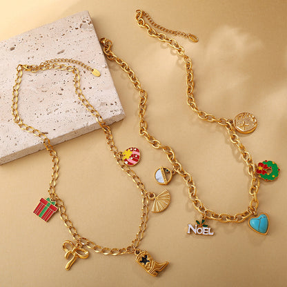 Halloween Christmas Gold Plated Stainless Steel Necklace - Heart Tree Tassel Pendant - Drip Oil Design - Minimalist Fashion Jewelry for Women