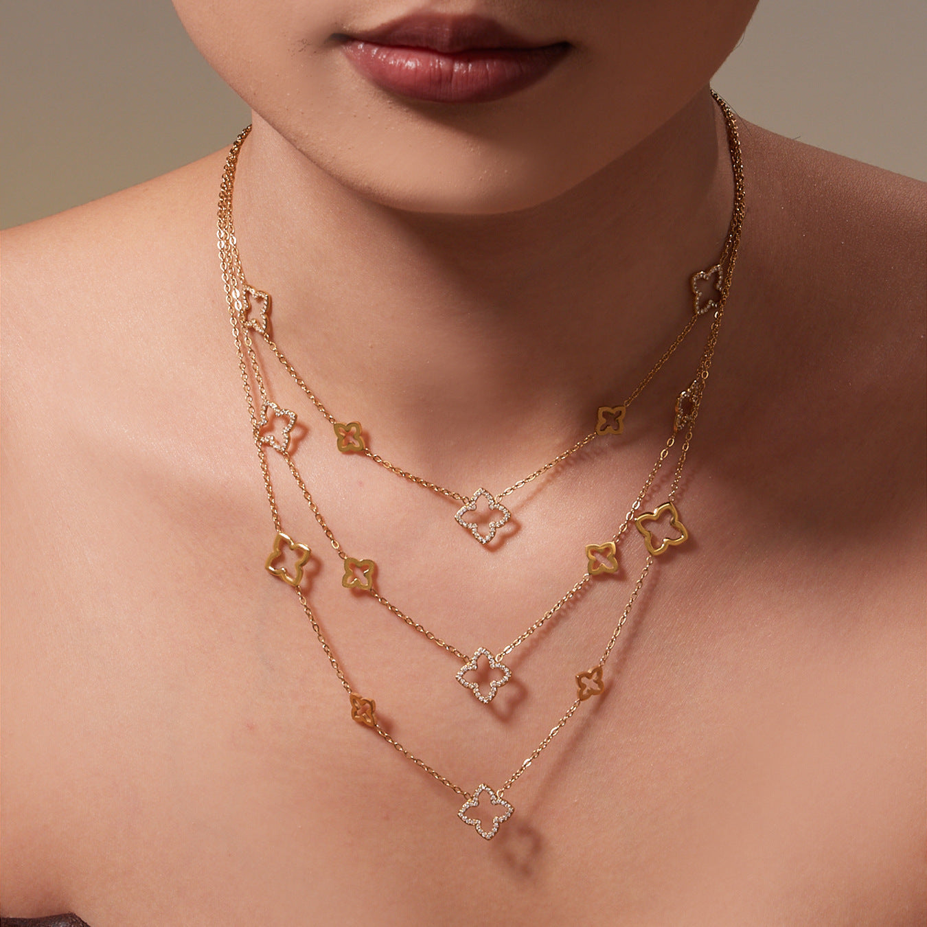 Stainless Steel Four-Leaf Clover Zirconia Jewelry Set – Necklace, Earrings & Ring | Minimalist Lucky Clover Jewelry | Fashion Stainless Steel Accessories