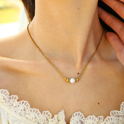 18K Gold Plated Stainless Steel Pearl Pendant Necklace – Elegant Minimalist Jewelry for Women