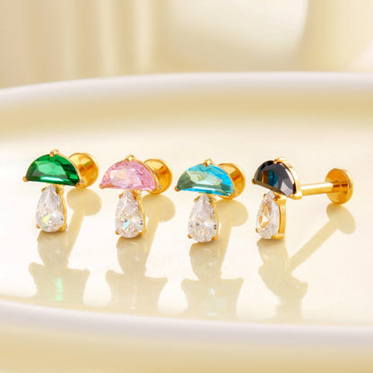 F136 Titanium Waterdrop Zircon Mushroom Labret Stud | Internally Threaded Cartilage Piercing Jewelry in Gold & Silver