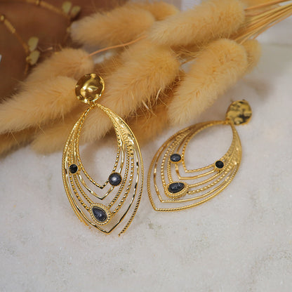 Stainless Steel Vintage Leaf Earrings with Turquoise and Crystal – Retro Statement Dangle Earrings for Women