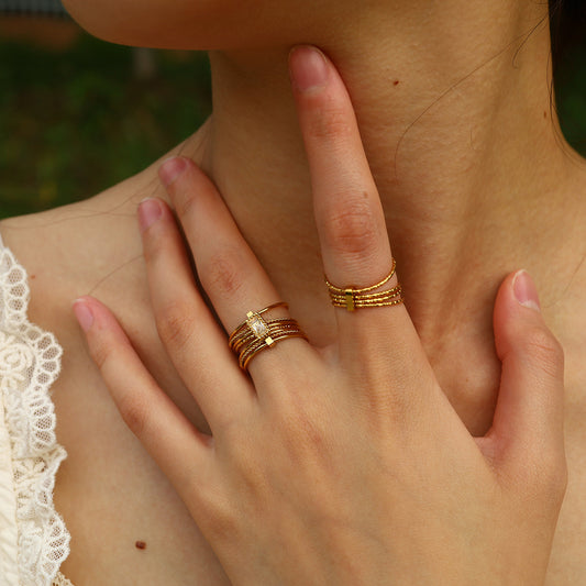 18K Gold Plated Titanium Steel Multi-Layered Ring | Bold Design with Zircon, Stainless Steel