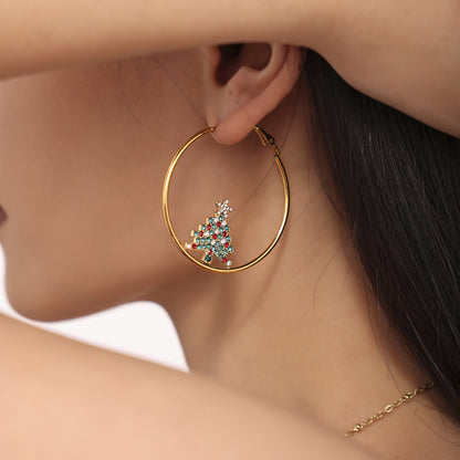Gold Stainless Steel Christmas Tree Zircon Hoop Earrings | Festive Statement Jewelry for Holiday Style – WANTI Jewelry