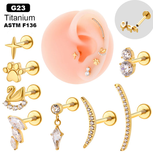 Titanium Internally Threaded  CZ Flat Back Stud – Cartilage Piercing Jewelry for Helix, Tragus, and Conch