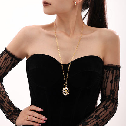 Gold Stainless Steel Christmas Snowflake Long Necklace – White, Green & Red Enamel Pendant Holiday Jewelry