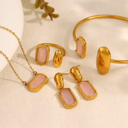 18K Gold Plated Stainless Steel Pink Zircon Jewelry — Bracelet / Ring / Pendant Necklace