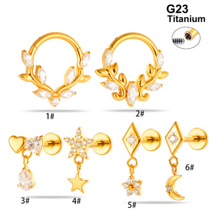 G23/F136 Titanium Star & Teardrop Dangle Flat Back Internally Threaded Labret Studs | Hypoallergenic Piercing Jewelry for Lip, Ear, Cartilage