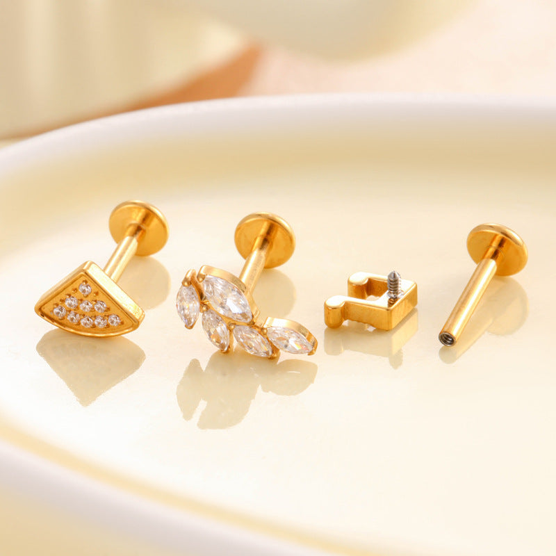 F136 Titanium Internally Threaded CZ Ear Stud – Music Note, Fan, Moon & Cluster Designs | Lip Labret Cartilage Piercing Jewelry