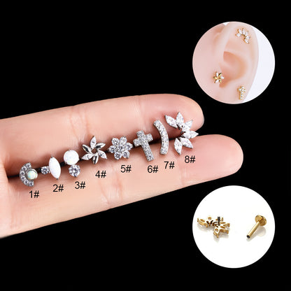 G23 Titanium Internal Thread Lip & Cartilage Studs – Zircon Flower, Cross, Opal Designs | Gold & Silver Piercing Jewelry