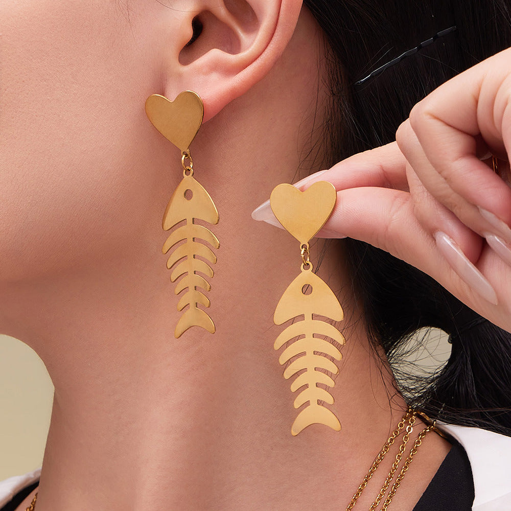 Hollow Fishbone Heart Necklace, Earrings & Ring Set – Long Sweater Chain Jewelry, Fashion Statement Set for Women