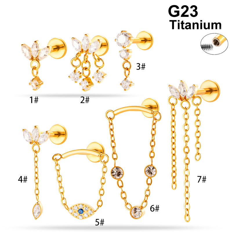 Implant Grade ASTM F136 Titanium Threadless Push Pin Zircon Chain Dangle Flat Back Stud | Geometric Cartilage Helix Tragus Lip Piercing Jewelry