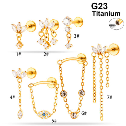 Implant Grade ASTM F136 Titanium Threadless Push Pin Zircon Chain Dangle Flat Back Stud | Geometric Cartilage Helix Tragus Lip Piercing Jewelry