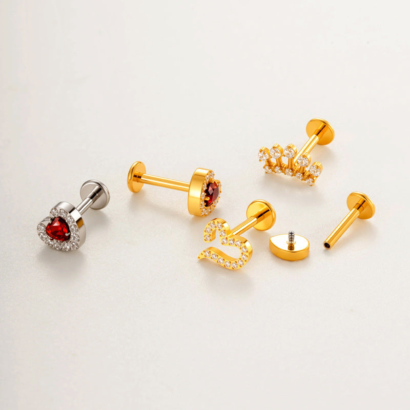 G23/F136 Titanium Heart & Snake Design Internally Threaded Lip Labret Studs | Zircon Piercing Jewelry for Cartilage, Helix, Tragus, and Lip