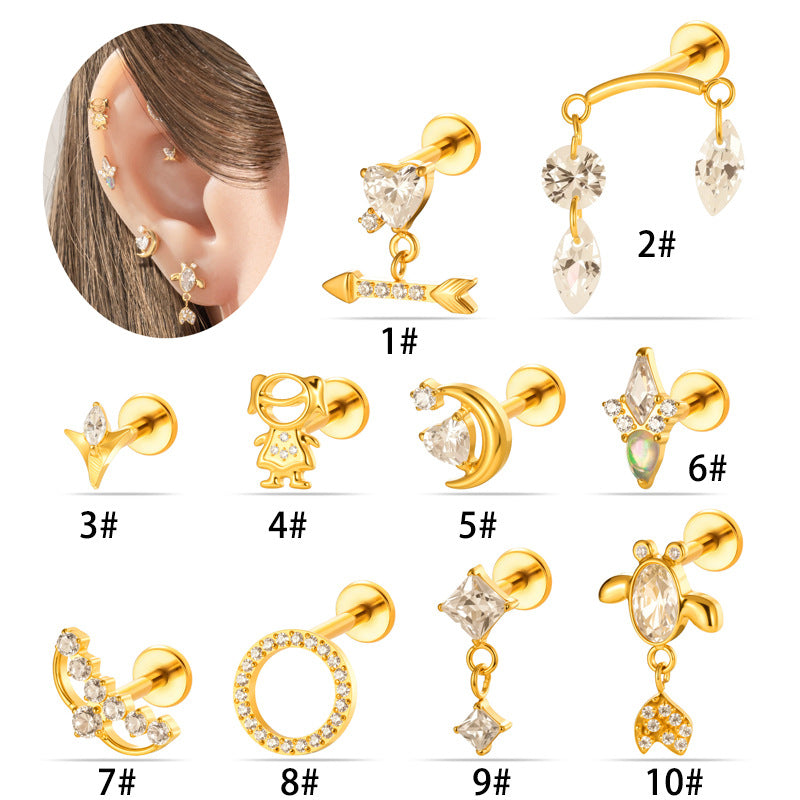 G23/F136 Titanium Internal Thread Lip & Cartilage Moon Stud