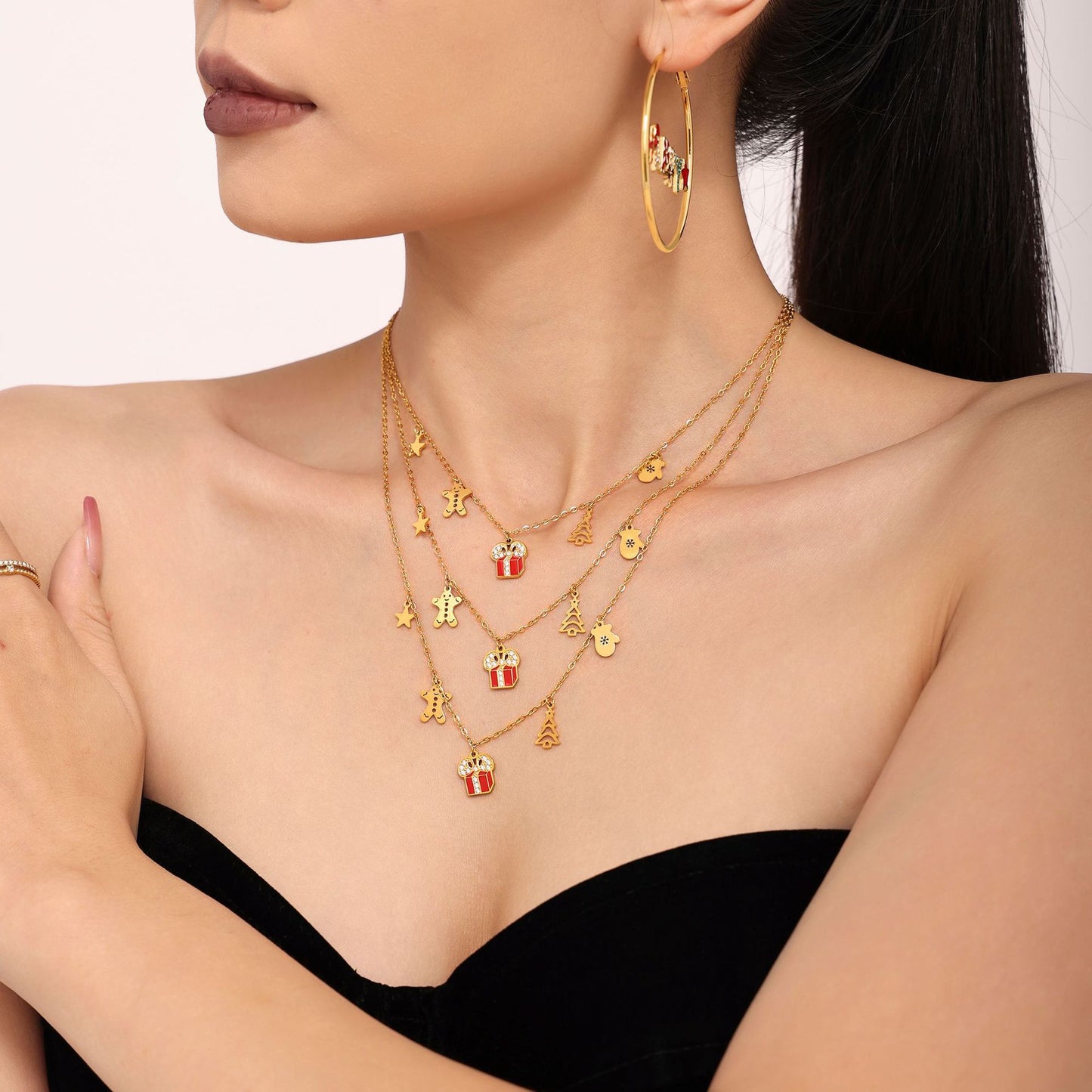 Gold Stainless Steel Christmas Necklace Collection | Reindeer, Tree, Bell, Sock, and Gift Box Oil Drop Zircon Pendants