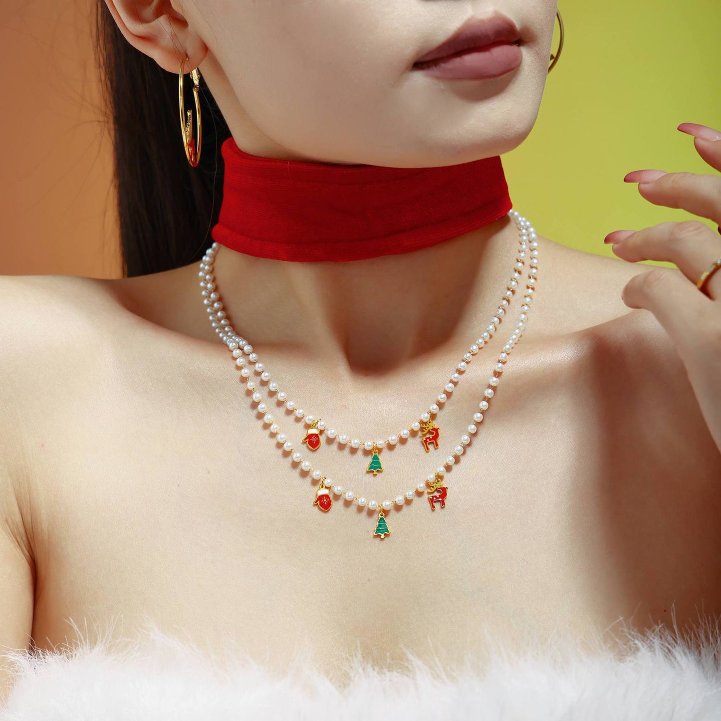 Christmas Tree Reindeer Glove Pendant Imitation Pearl Enamel Necklace & Bracelet Set – Stainless Steel Gold Plated Holiday Jewelry