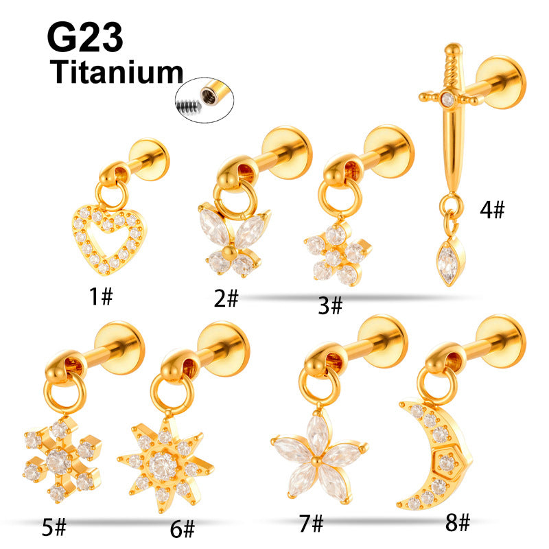 G23/F136 Titanium Internally Threaded Flat Back Lip Stud & Earring – Zircon Flower & Heart Dangle Piercing Jewelry for Women, Gold & Silver
