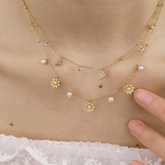 18K Gold Plated Titanium Steel Pearl & Leaf Flower Pendant Necklace | Elegant Fashion Jewelry