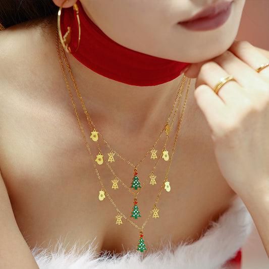Gold Stainless Steel Christmas Necklace | Green Christmas Tree Pendant with Oil Drop & Zircon