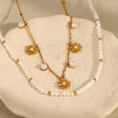 18K Gold Plated Titanium Steel Pearl & Shell Beaded Flower Pendant Necklace | Elegant Fashion Jewelry