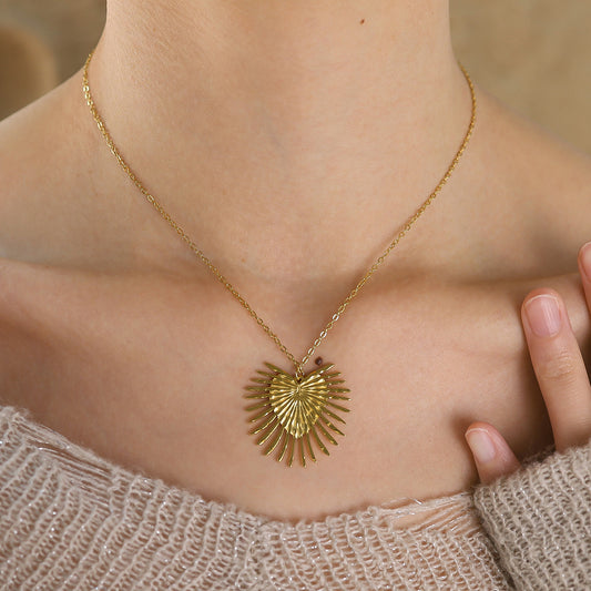 18K Gold Plated Stainless Steel Radiant Heart Textured Pendant Necklace – Fashion Jewelry Gift for Women