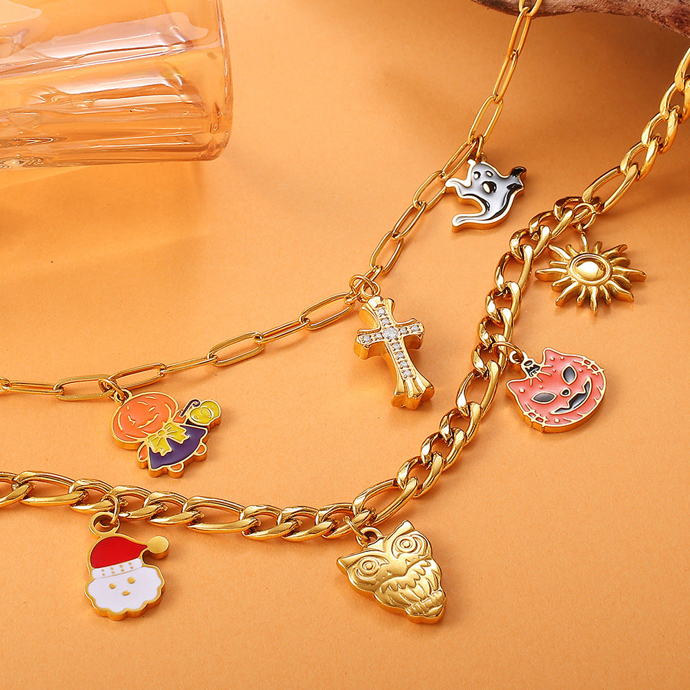 Holiday Collection – Gold Plated Stainless Steel Multishape Pendant Tassel Necklace | Halloween & Christmas Jewelry