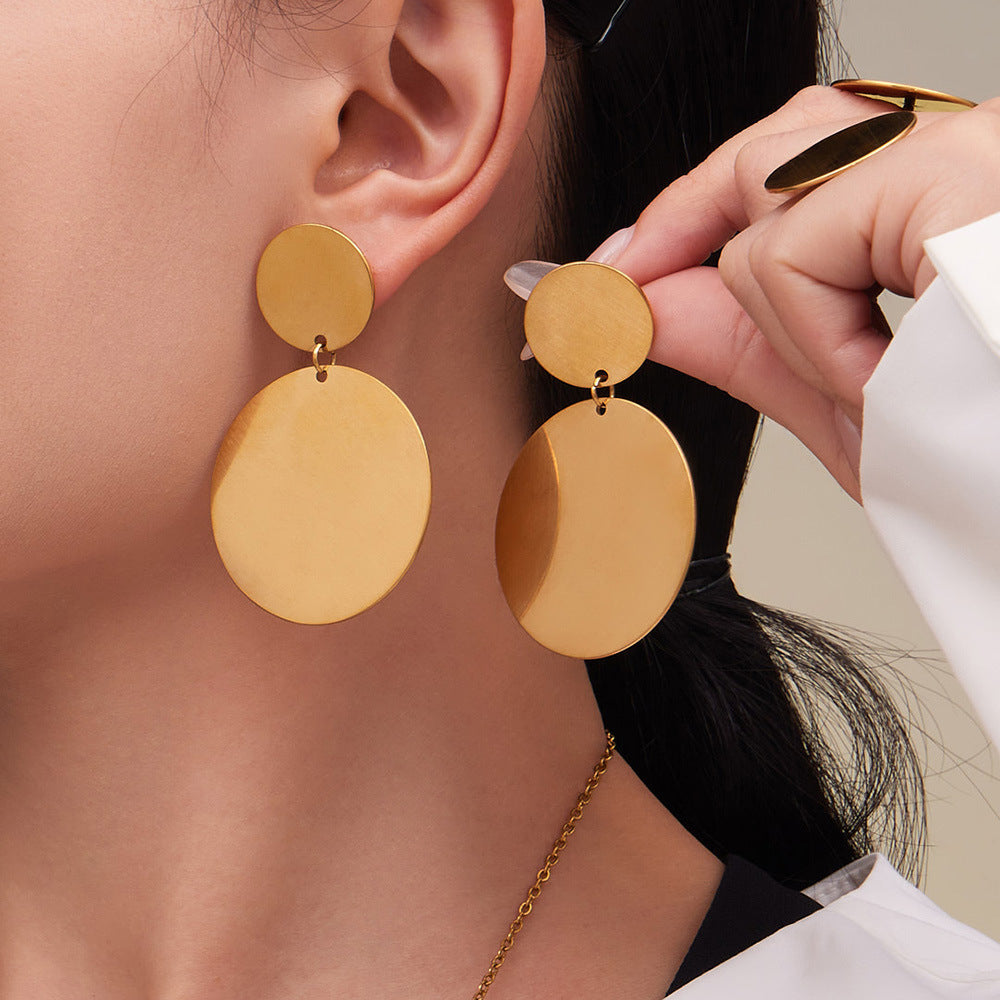 Stainless Steel Long Pendant Sweater Necklace, Drop Earrings & Ring Set – Gold Minimalist Round Disc Jewelry