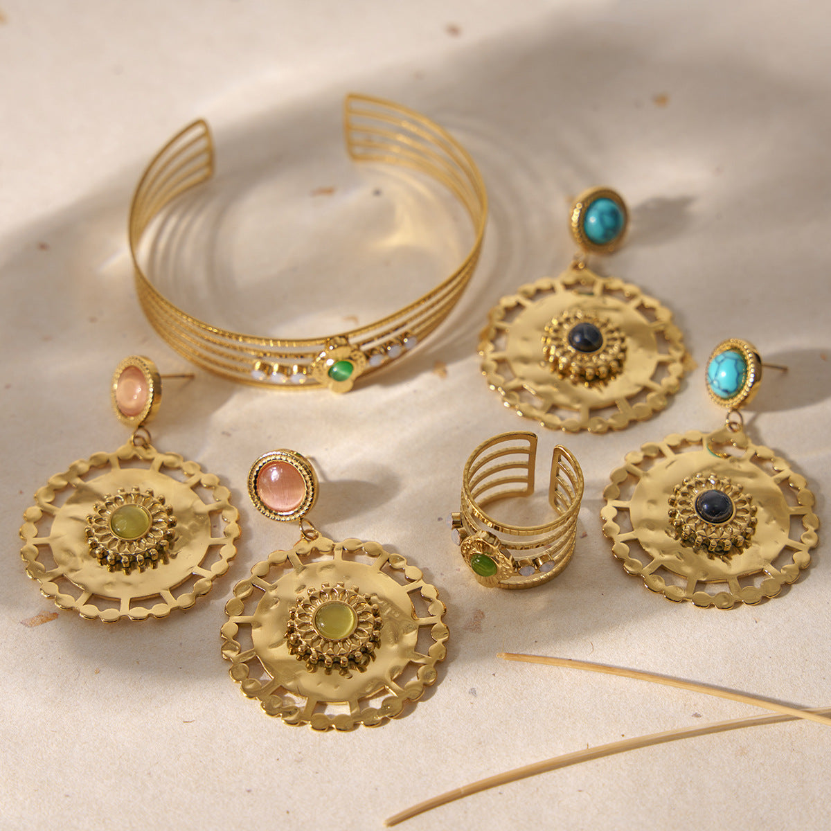 Natural Stone Floral Hoop Earrings – Stainless Steel Turquoise & Opal Drop Earrings for Women