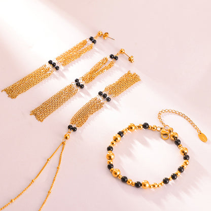 Vintage Black Onyx Tassel Jewelry Set – Stainless Steel Necklace & Earrings | Retro Elegant Fashion Jewelry | Hypoallergenic Gift Set