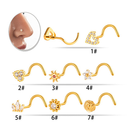 G23/F136 Titanium S-Bar Nose Stud Zircon Paved Hollow Heart & Rose Design – Hypoallergenic Nose Piercing Jewelry for Women, Gold & Silver